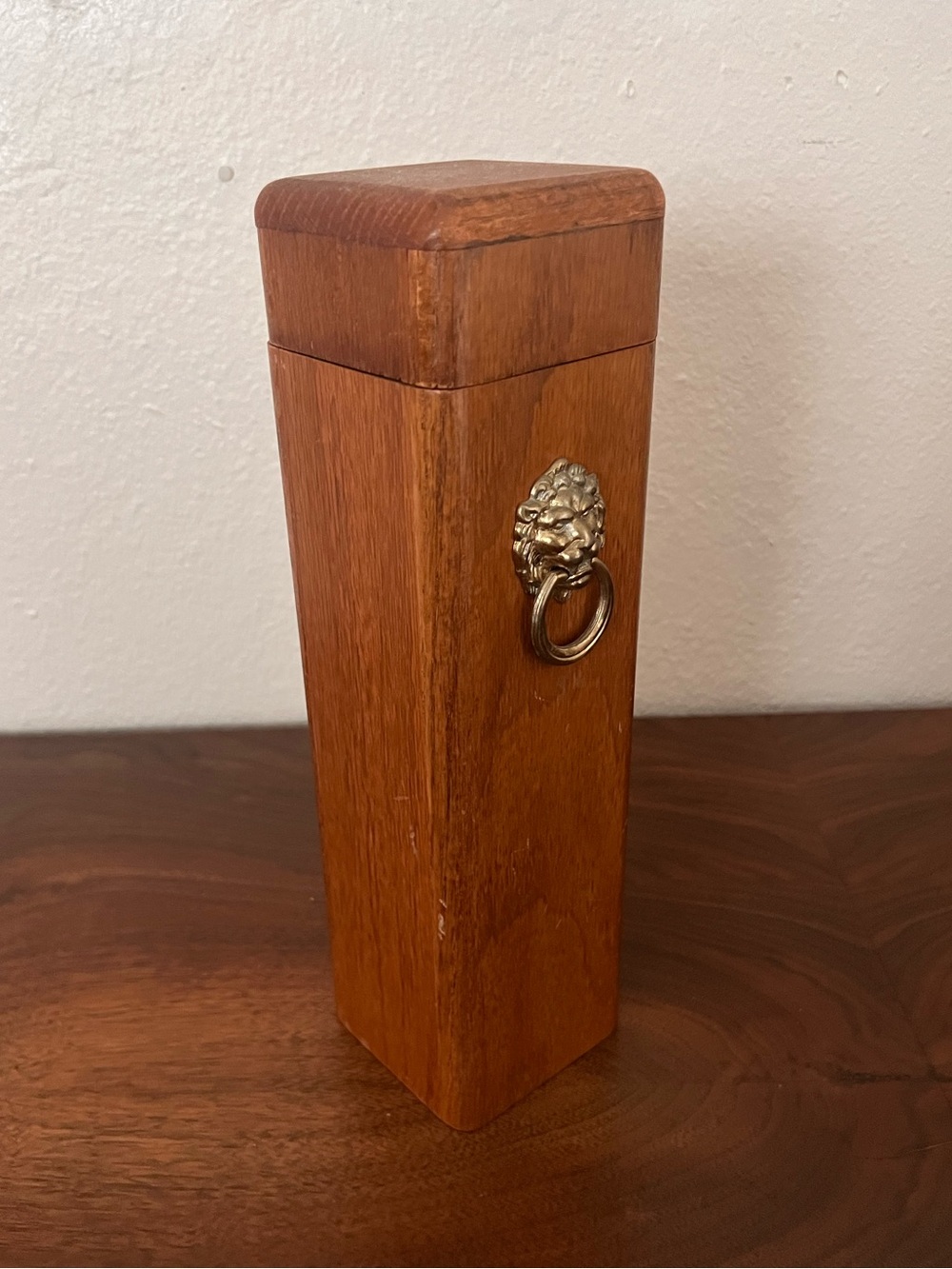 Vintage Wooden Matchstick Box with Lion Head Detail